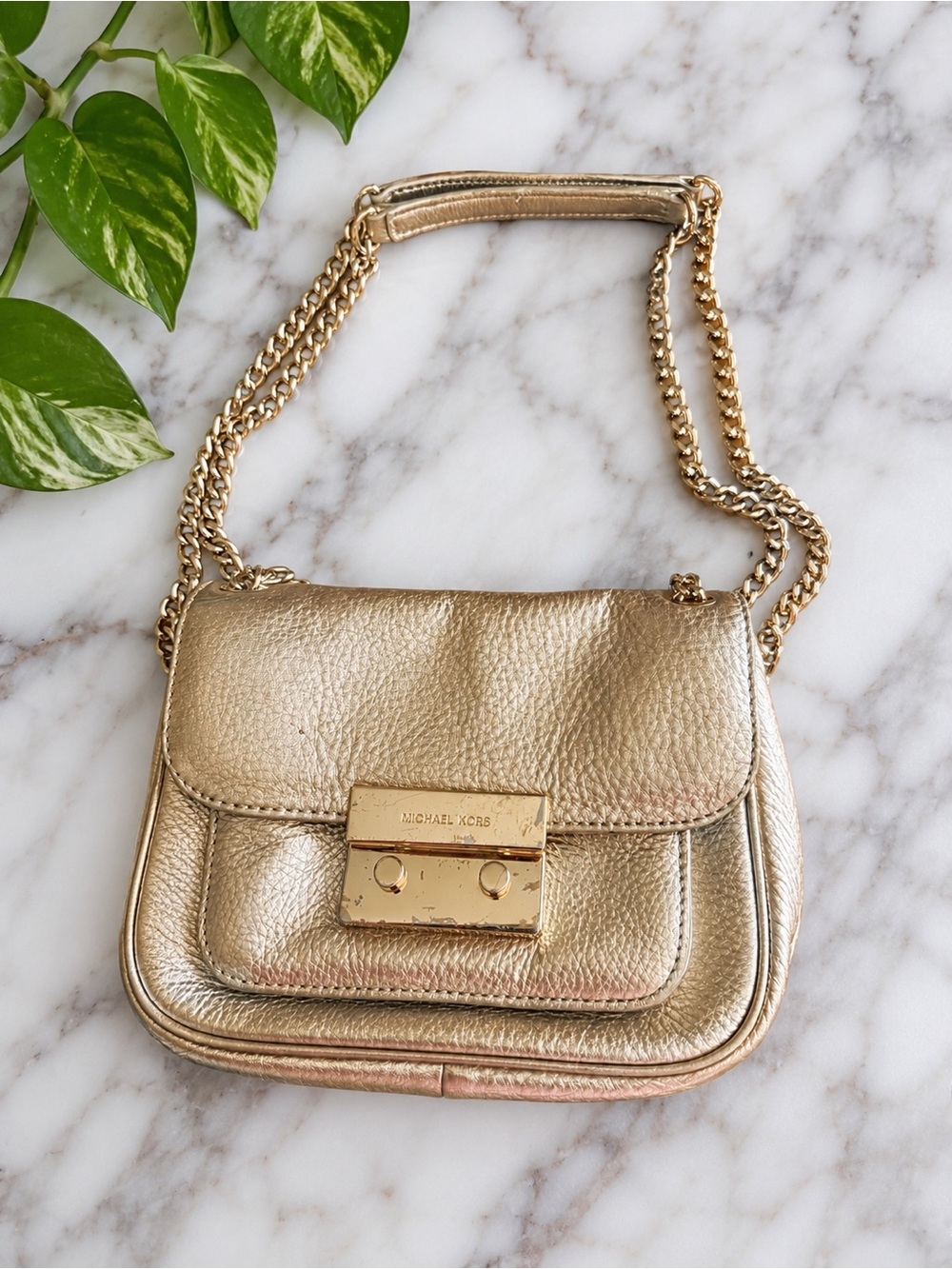 Michael Kors Metallic Gold Pebbled Leather Convertible Crossbody Shoulder Bag